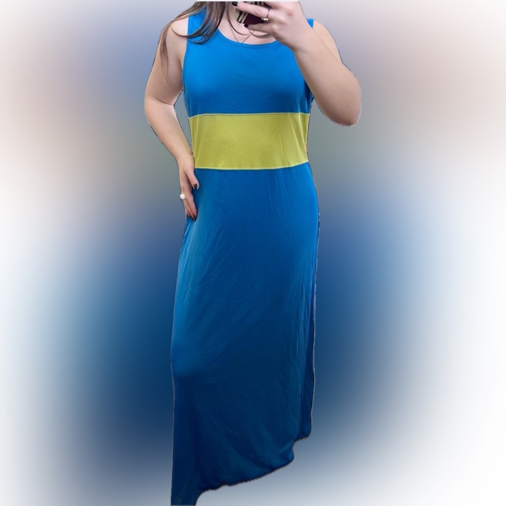 Vintage Emma James Dress, Blue/Lime Green, Size L, Like-New Condition